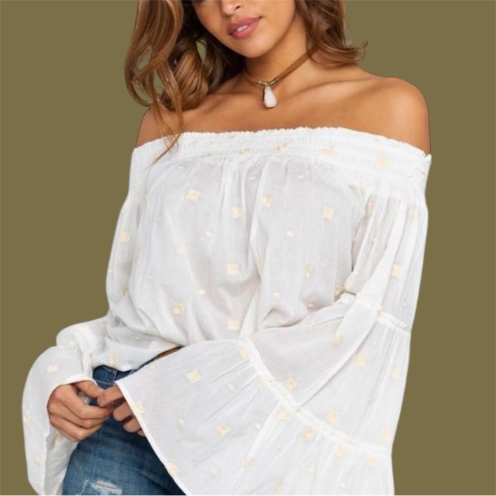 Shyanne Dobby Embroidered Smocked Off Shoulder Bell Sleeve Top